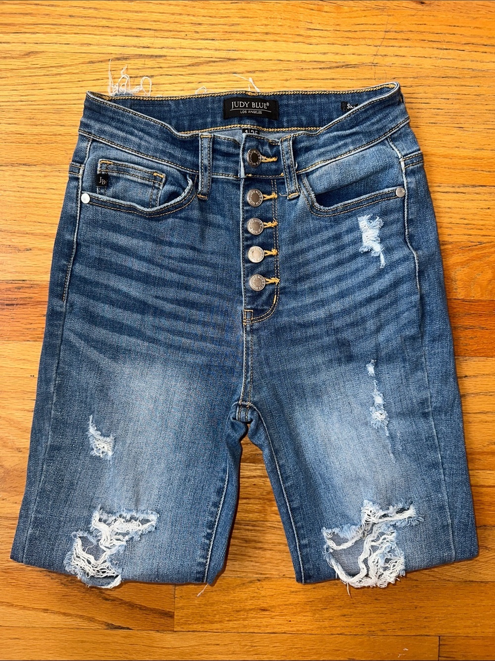 Judy Blue Dark Wash Button-Fly Distressed High-Rise Skinny Jeans - Picture 3 of 7